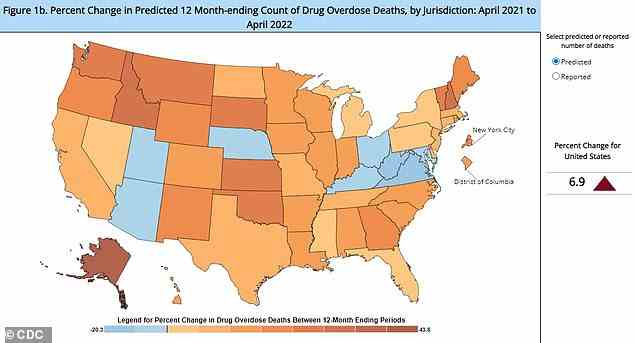 Alaska wird mit 43,82 Prozent (Burgund) der größte Anstieg der Todesfälle durch Überdosierung prognostiziert.  Es war der einzige US-Bundesstaat mit einem Anstieg von 40 Prozent oder mehr.  Acht Staaten haben einen Rückgang zwischen April 2021 und April 2022 vorhergesagt