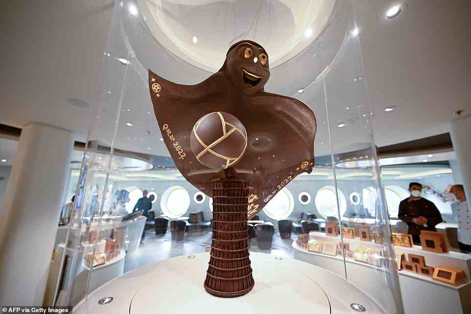 Wow: A café on the cruise liner features a chocolate sculpture of Laeeb as the Official Mascot for this year's FIFA World Cup Qatar 2022