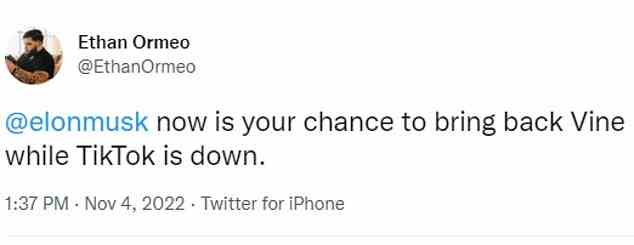 Der Twitter-Nutzer Ethan Ormeo schlug vor, dass der Ausfall von TikTok eine perfekte Gelegenheit für Elon Musk, den neuen Besitzer von TikTok, sei, „Vine zurückzubringen“.