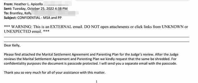 In one email dated October 25, one of Brady's lawyers asks Brantley to shred the marriage settlement agreement and parenting plan