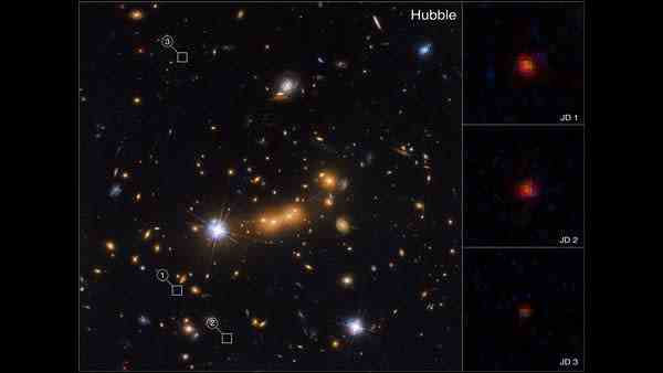 gif vergleicht Hubble- und JWST-Bilder desselben Galaxienhaufens und hebt neue Galaxien dahinter hervor