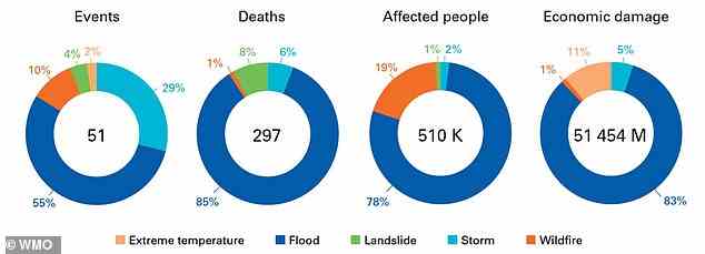 The report revealed that, in 2021, high impact weather and climate events led to hundreds of fatalities, and about 84 per cent of them were floods or storms. Pictured: Weather, climate and water related natural disasters in Europe during 2021