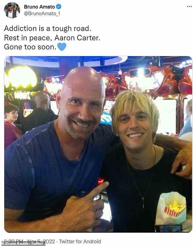 Gone too soon: Actor Bruno Amato wrote 'Addiction is a tough road. Rest in peace, Aaron Carter. Gone too soon'