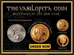 Größenvergleich der goldenen St. Basil Vasilopita-Münzen