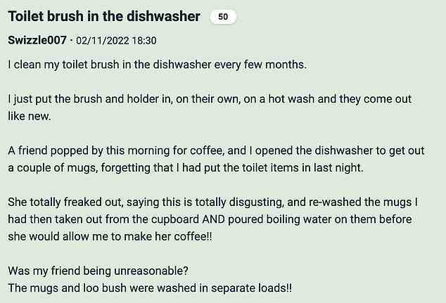 Laut dem anonymen Plakat aus Großbritannien ist ein Freund „ausgeflippt“, als er bemerkte, dass die Toilettenbürste in der Spülmaschine gewesen war