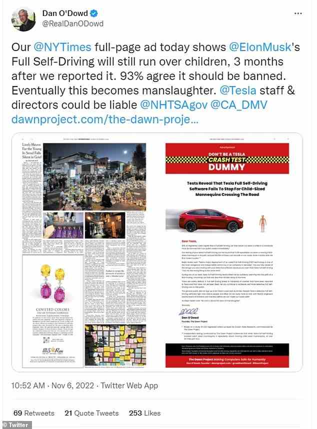 Dan O'Dowd, der Gründer der Gruppe, hat dieselbe Anzeige auf seinem persönlichen Twitter-Account gepostet, der noch entfernt werden muss