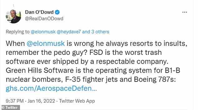 O'Dowd nahm die Worte jedoch nicht auf die leichte Schulter.  Green Hills Software produziert Software für Tesla-Konkurrenten