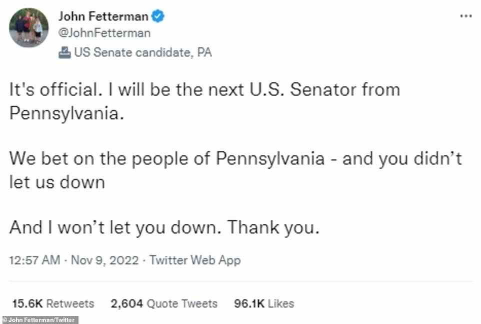 Lt. Gov. John Fetterman tweeted that he won his U.S. Senate race before declaring victory at his election night party