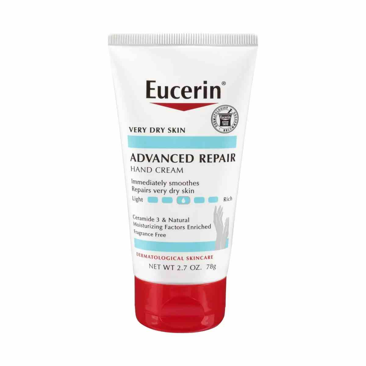 Eucerin Advanced Repair Handcreme, weiße Tube mit roter Kappe auf weißem Hintergrund
