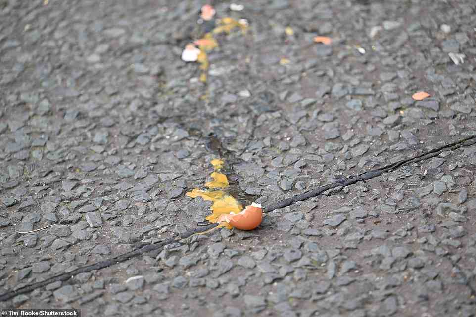 A broken egg on the ground on Micklegate Bar in York, where Charles and Camilla were doing their walkabout