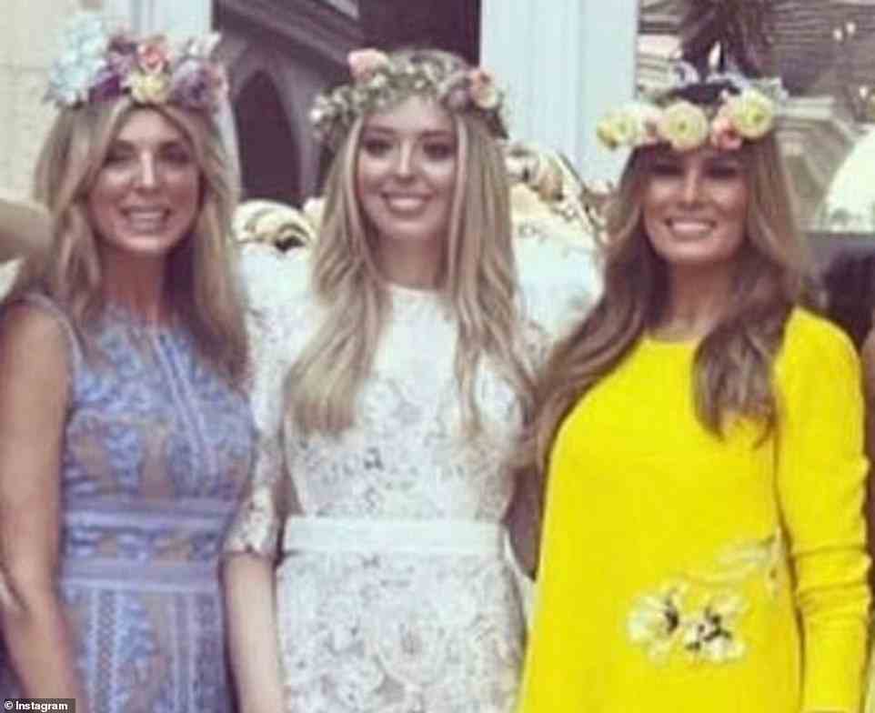 Marla Maples (left) is helping her daughter, Tiffany Trump, (center) with last-minute preparations ahead of her wedding to Michael Boulos on November 12. They are pictured with her stepmother, former First Lady Melania Trump (right), at her bridal shower last weekend