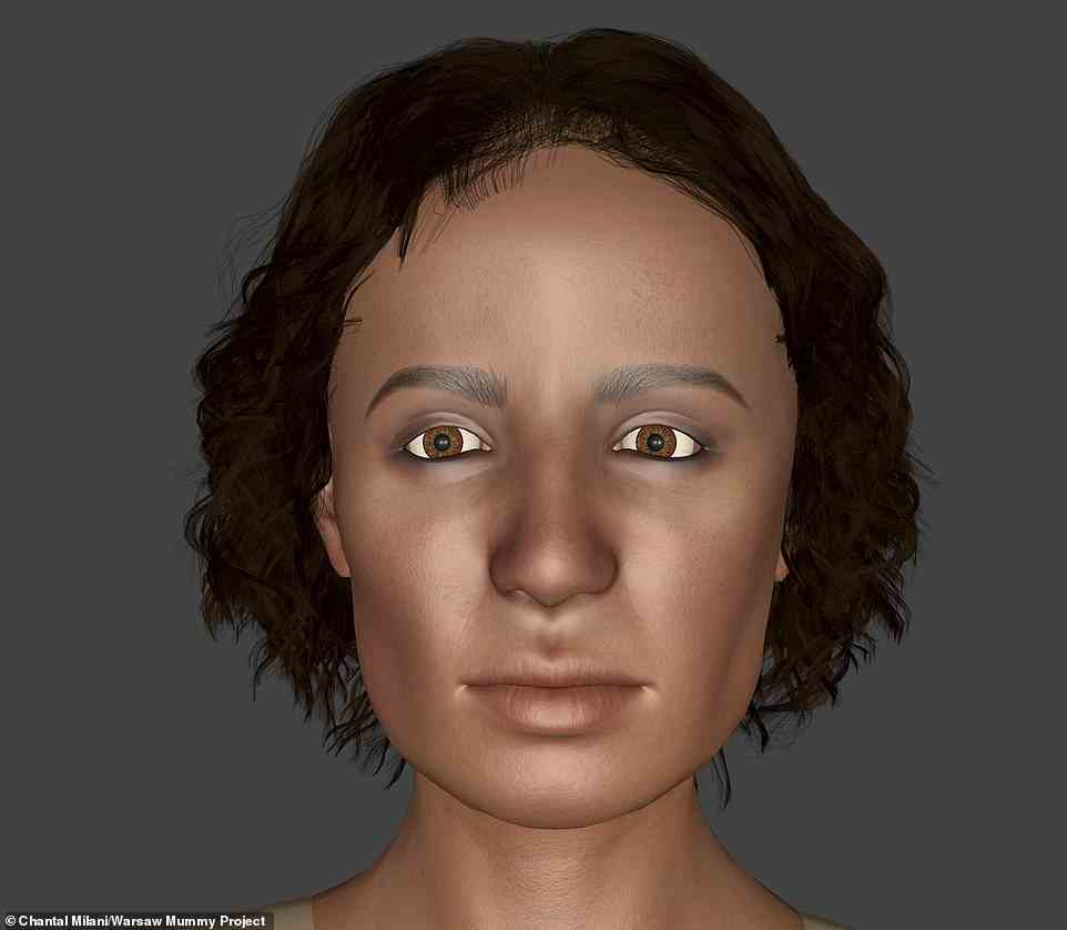Chantal Milani, an Italian forensic anthropologist and member of the Warsaw Mummy Project, said: 'Although it cannot be considered an exact portrait, the skull like many anatomical parts is unique and shows a set of shapes and proportions that will appear in the final face.'. Pictured: Facial reconstruction of 'The Mysterious Lady'