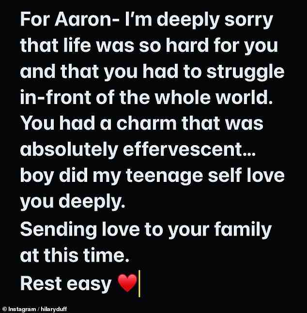 'Boy did my teenage self love you deeply': Hilary paid tribute to Aaron in a touching Instagram post Saturday evening