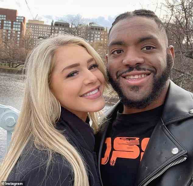 The 26-year-old is accused of killing her boyfriend Christian Obumseli (pictured together). Prosecutors are worried she's a 'flight risk' after she reportedly funneled $1.1million and $50,000 through wire transfers into her dad's account after the killing