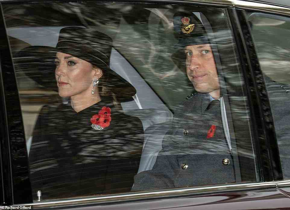 The Princess of Wales pictured arriving at the service with the Prince of Wales. Both appeared sombre during their journey