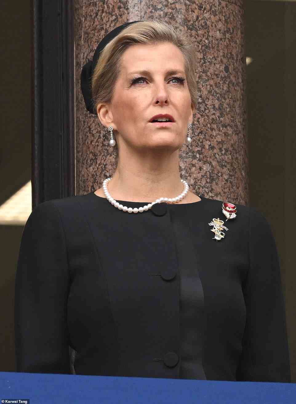 Sophie, Countess of Wessex and wife of Prince Edward, attends the ceremony from the spouse's balcony alongside Kate and the Queen Consort