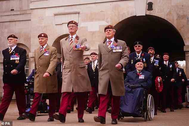 Veterans at Horse Guards Parade as they prepared to march along Whitehall for the Remembrance Sunday service at the Cenotaph
