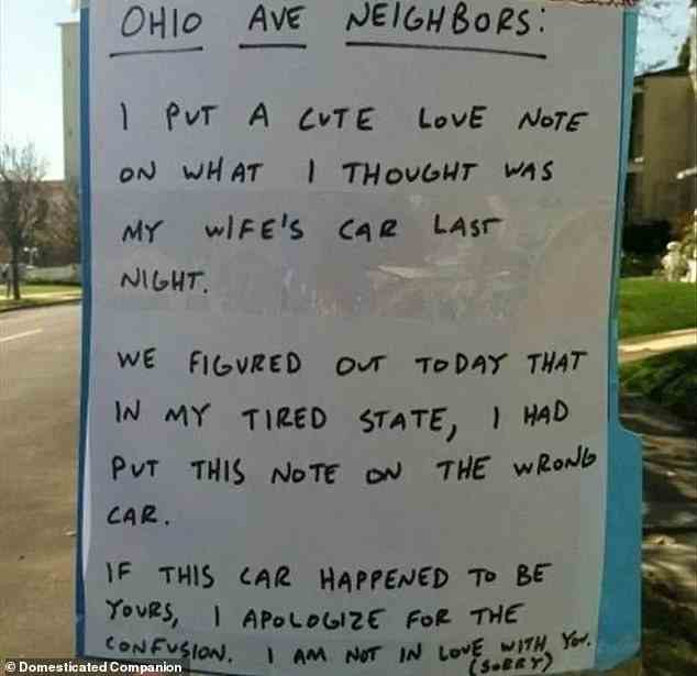 Dieser Mann aus Ohio hat versehentlich einen Liebesbrief auf das Auto seines Nachbarn geklebt, der für seine Frau bestimmt war ... peinlich