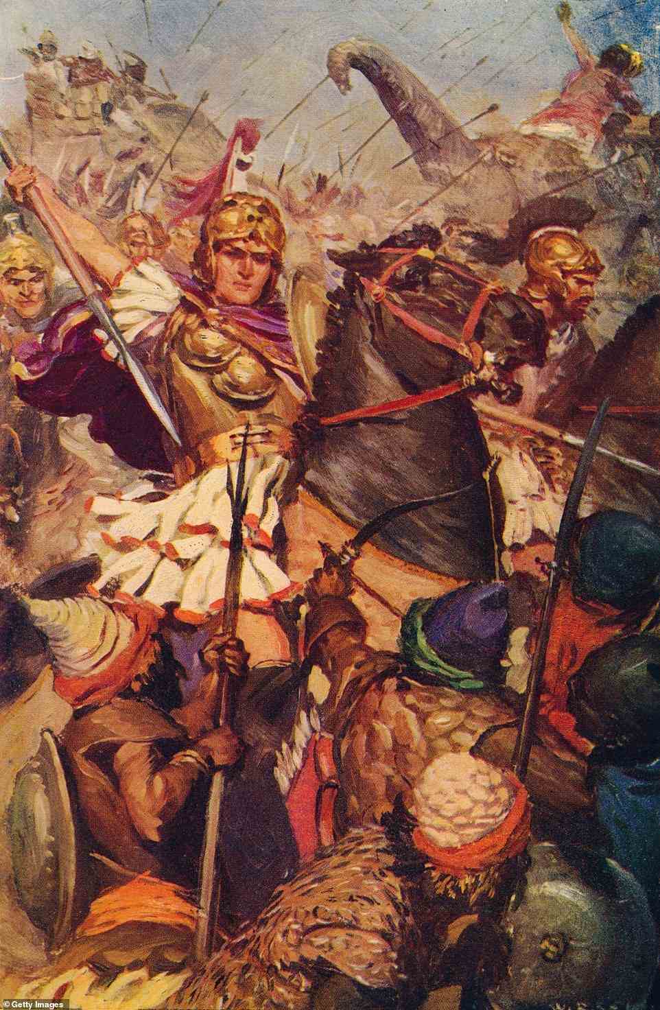 The forces of Alexander the Great (356-323 BC) are depicted fighting those of the Indian rajah Porus (active 327-315 BC) on the banks of the River Hydaspes, (now the River Jhelum in Pakistan)