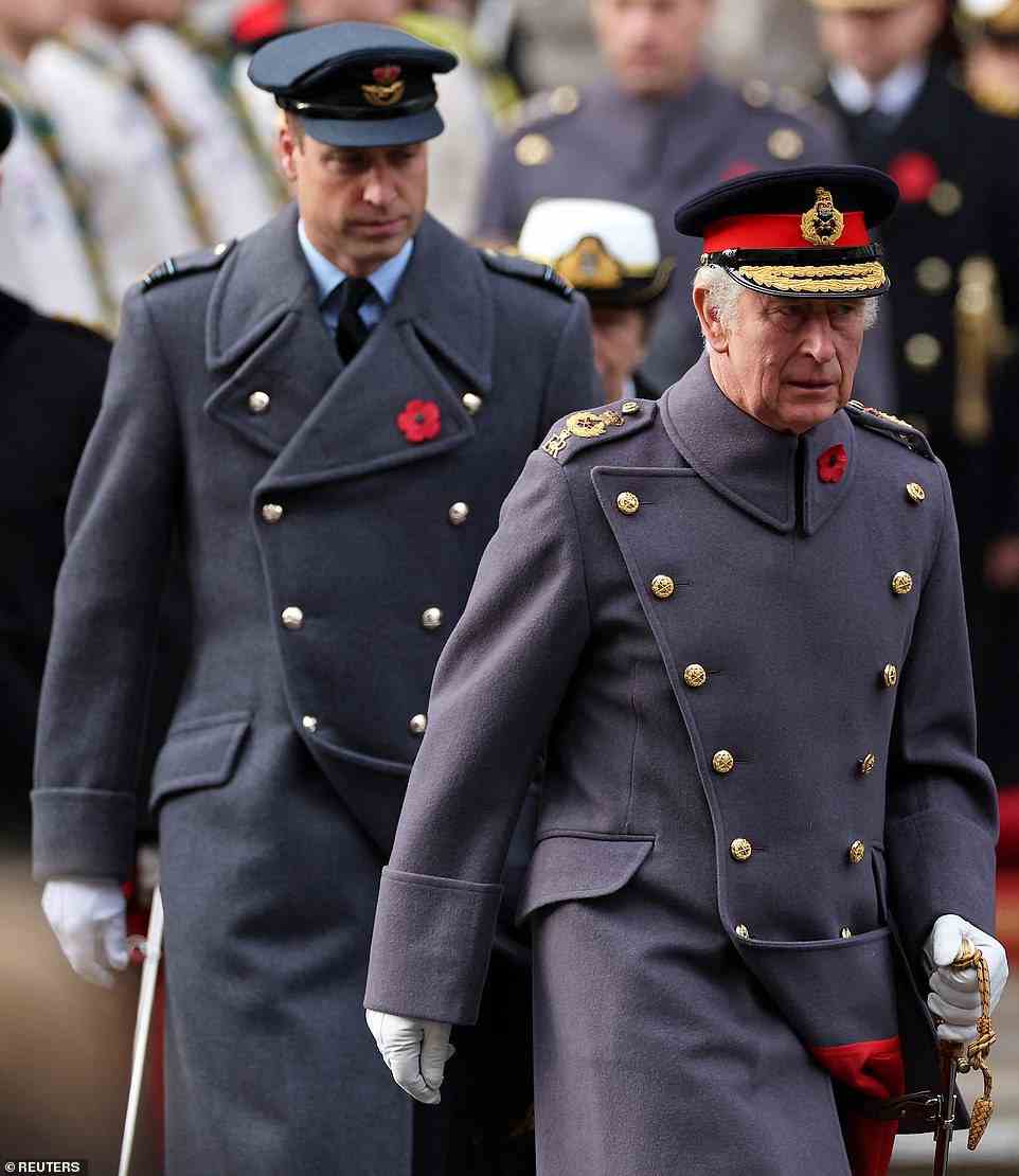 His latest visit came as members of the royal family came together at the cenotaph for a poignant and moving Remembrance Sunday (pictured, Charles and William)