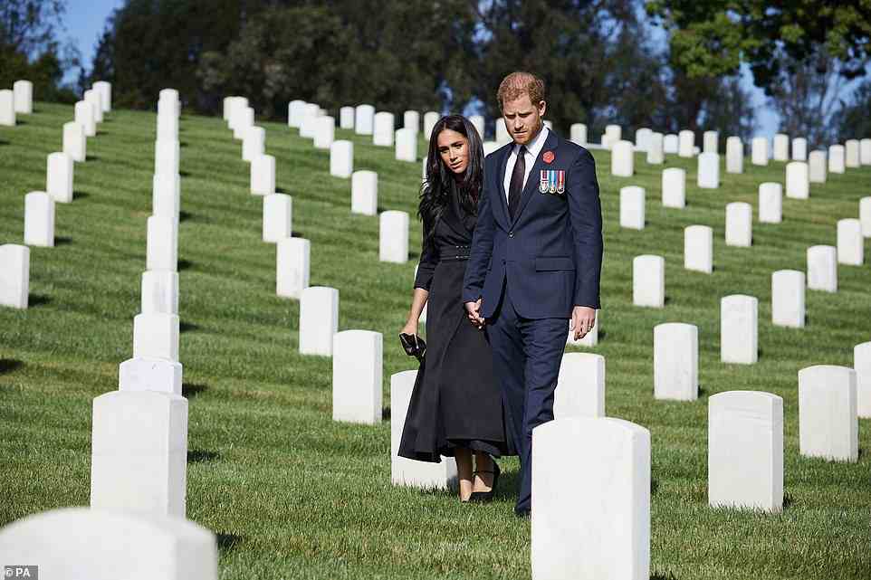 The Duke and Duchess of Sussex pictured during a private visit to the Los Angeles National Cemetery on Remembrance Sunday in 2020