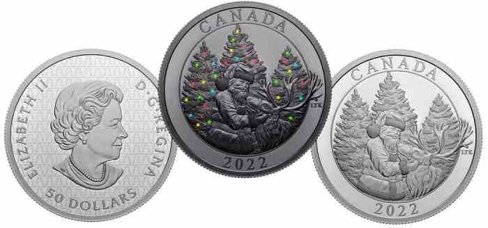 Die Silbermünze ist nicht alles, was sie zu sein scheint: Halten Sie sie unter ein Schwarzlicht und enthüllen Sie die hellen Weihnachtslichter.  Das Licht wird auch kleine Weihnachtsbäume auf der Vorderseite hinter dem Bildnis der Königin enthüllen.  (Bilder mit freundlicher Genehmigung der Royal Canadian Mint.) 
