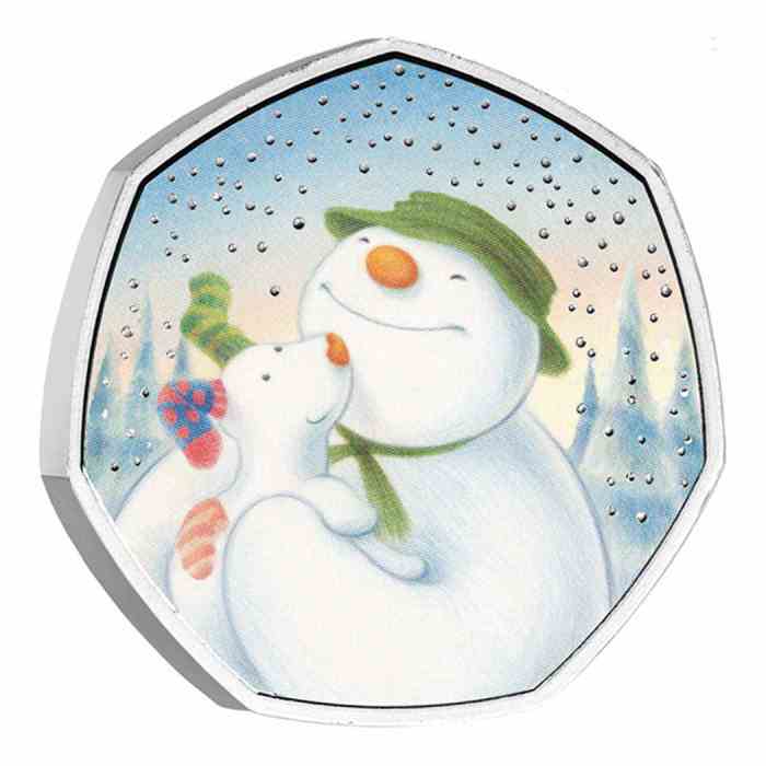 The Snowman™ ist für eine weitere Münze zurück, und dieses Jahr hat er seinen vierbeinigen Freund The Snowdog mitgebracht.  (Bild mit freundlicher Genehmigung der Royal Mint.) 