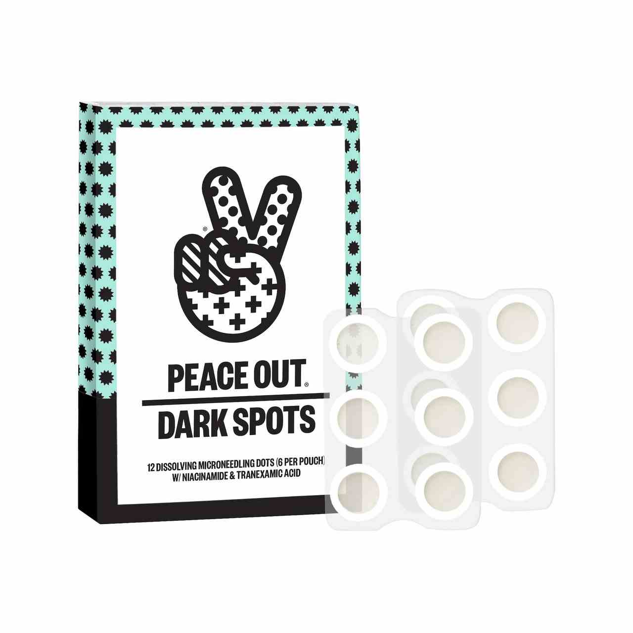 Peace Out Skincare Peace Out Dark Spots Box und Bögen mit dunklen Flecken auf weißem Hintergrund