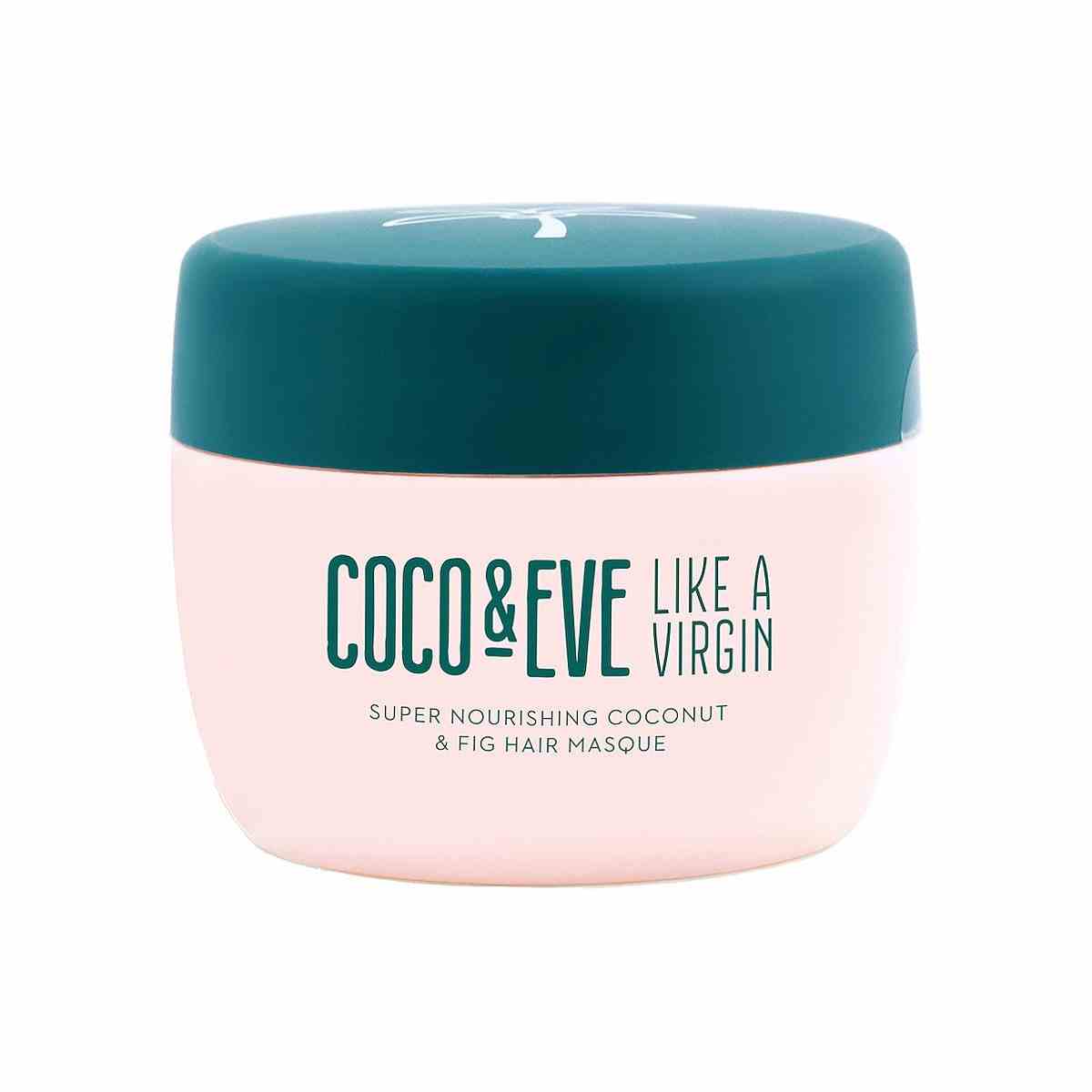 Coco & Eve Like A Virgin Hair Masque blassrosa Glas mit türkisfarbenem Deckel auf weißem Hintergrund