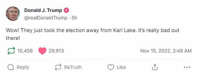 Trump hat heute auf Truth Social gepostet: „Wow!  Sie haben Kari Lake gerade die Wahl weggenommen.  Es ist wirklich schlimm da draußen!'