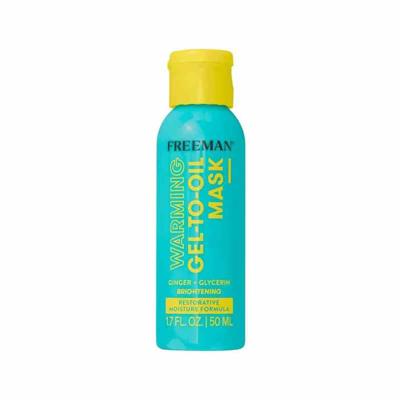 Skincare by Freeman Warming Gel-To-Oil Mask türkise Flasche mit gelbem Verschluss auf weißem Hintergrund