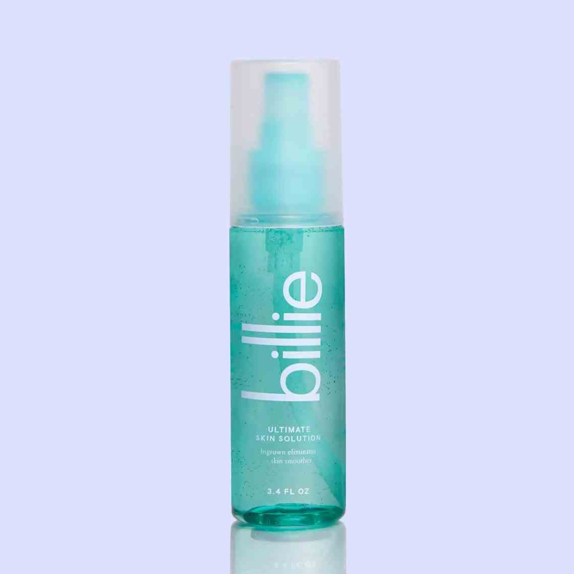 Blaugrüne Flasche Billie Ultimate Skin Solution auf violettem Hintergrund