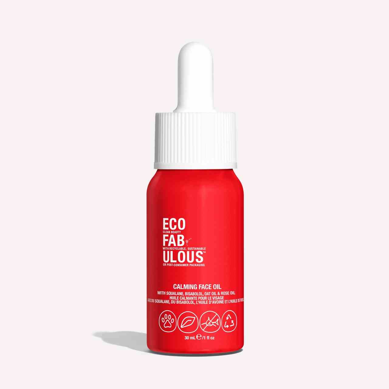 EcoFabulous Calming Face Oil rote Serumflasche auf weißem Hintergrund