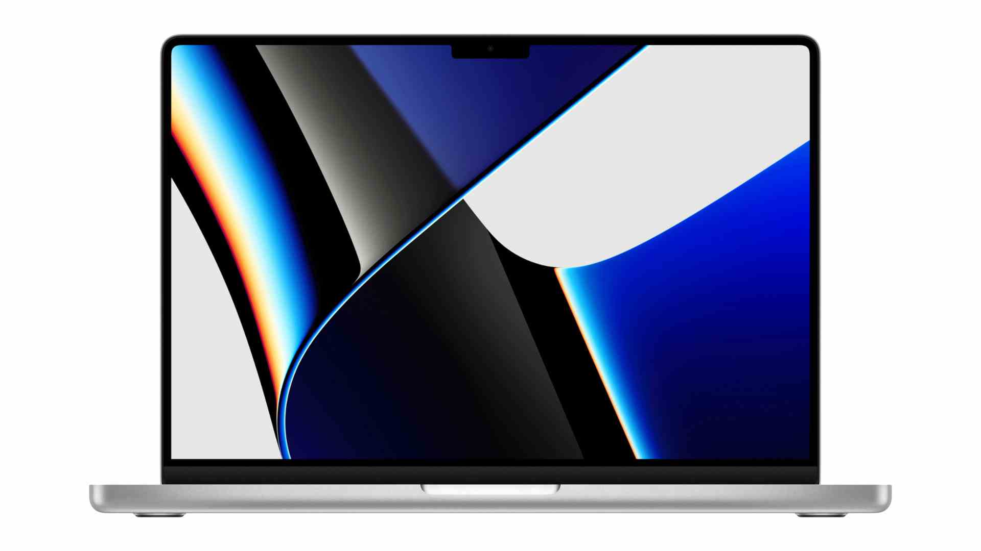 Ein MacBook Pro 14 Zoll (2021) vor einem weißen Hintergrund mit einem abstrakten blauen Desktop-Hintergrund