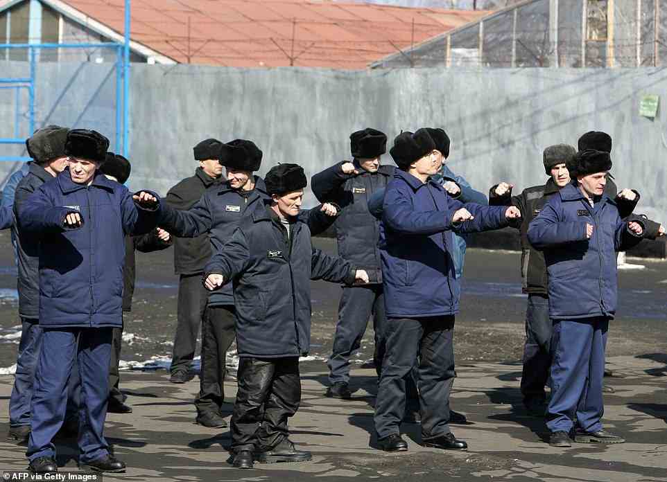 Picture taken in March of 2007 shows prisoners having a gym break in Mordovia penal Colony