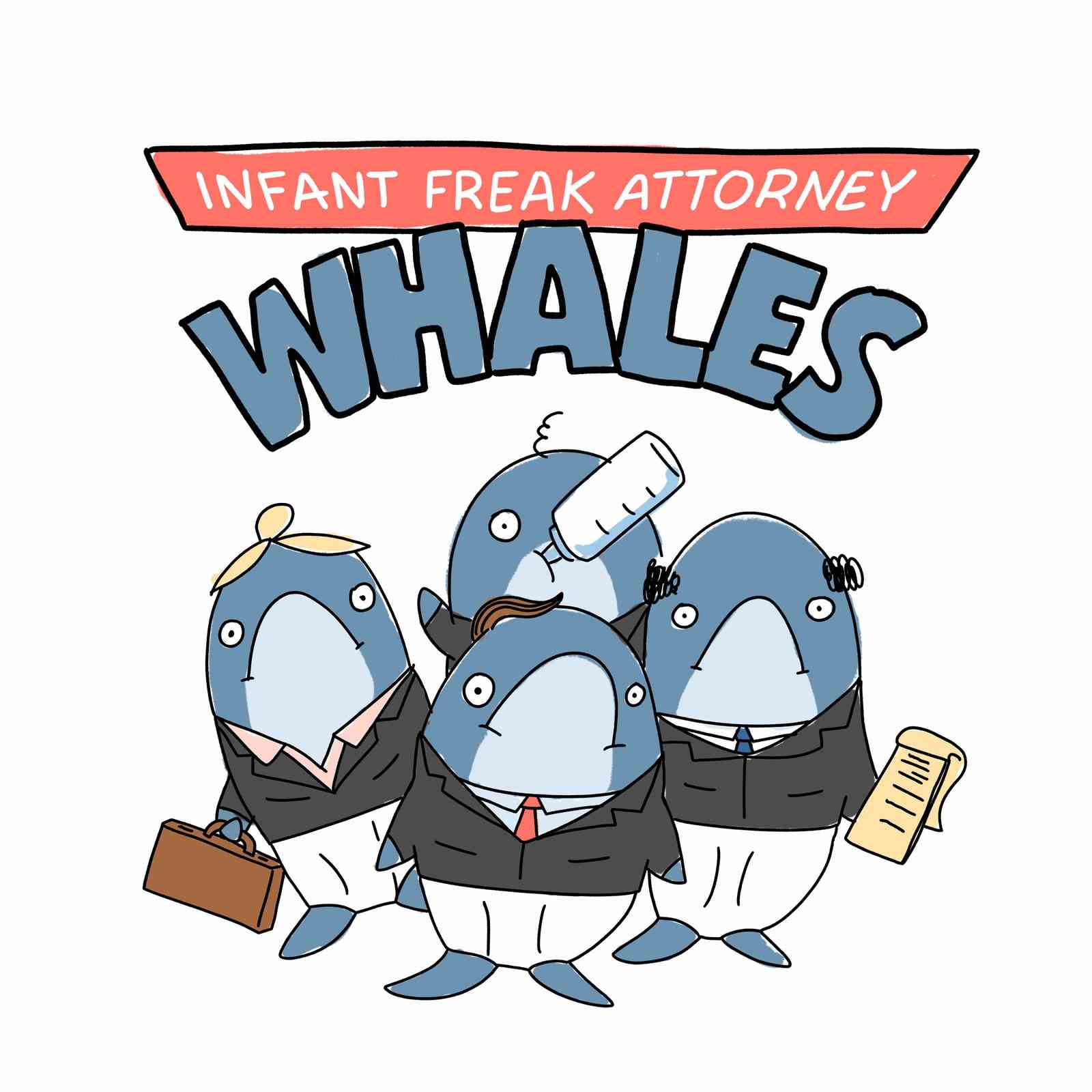 Säuglingswale, die als Anwälte in Anzügen verkleidet sind.