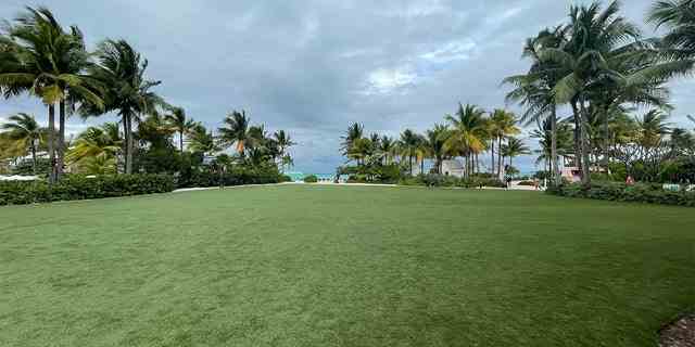Das Palm Lawn at Baha Mar bietet Blick auf das Wasser.  Hier versammelten sich die Gäste von Crypto Bahamas "Sonnenaufgang-Yoga" Sitzungen während der April-Konferenz.