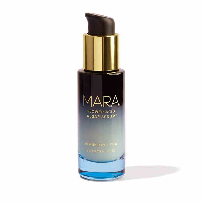 Mara Flower Acid Algae Serum schwarze und blaue Glasflasche mit goldener Kappe auf weißem Hintergrund