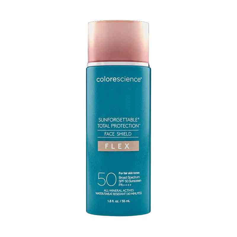 Colorscience Sunforgettable Total Protection Face Shield Flex SPF 50 blaue Flasche mit rosa Verschluss auf weißem Hintergrund