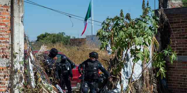 Polizisten schützen Mitglieder der "Hasta Encontarte" ("Bis wir dich finden")-Kollektiv während der Suche nach vermissten Verwandten in einem geheimen Grab im Stadtteil Santa Fe in Irapuato, Bundesstaat Guanajuato, Mexiko, am 10. November 2022.