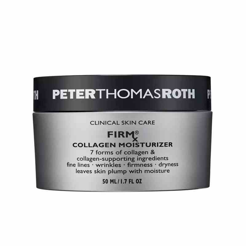 Peter Thomas Roth Firmx Collagen Moisturizer graue Dose mit schwarzem Deckel auf weißem Hintergrund