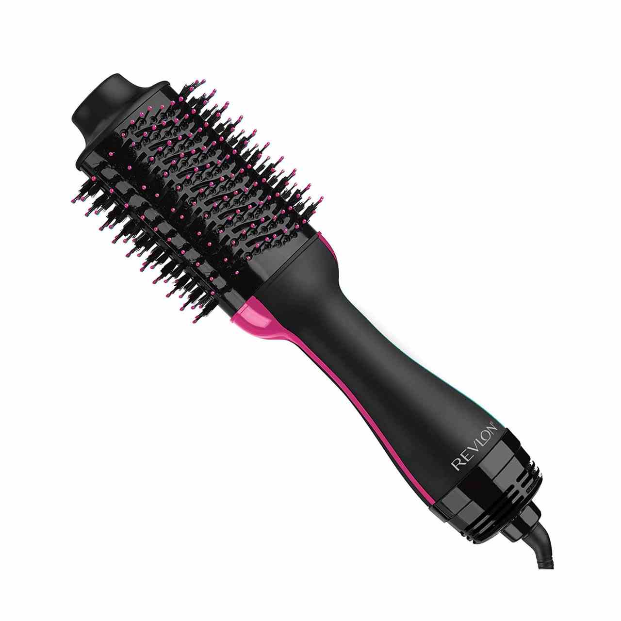Revlon Salon One-Step Haartrockner und Volumizer schwarz und rosa Föhnbürste auf weißem Hintergrund