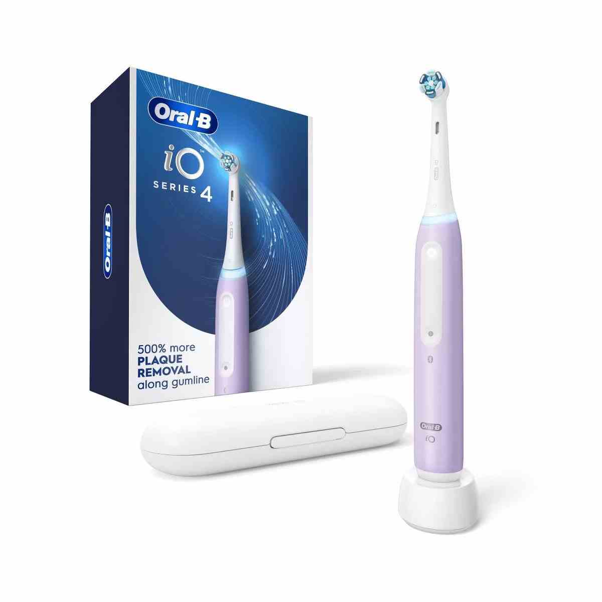 Oral-B iO Serie 4 elektrische Zahnbürste mit Bürstenkopf lavendelfarbene Zahnbürste und blaue Box auf weißem Hintergrund