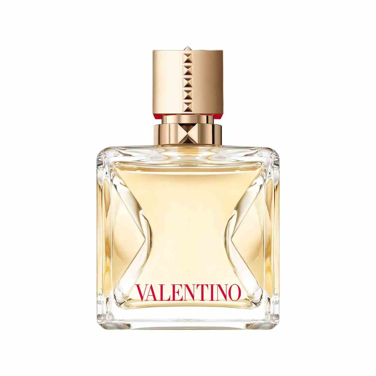 Valentino Voce Viva Eau de Parfum Goldparfüm in Kristallflasche auf weißem Hintergrund