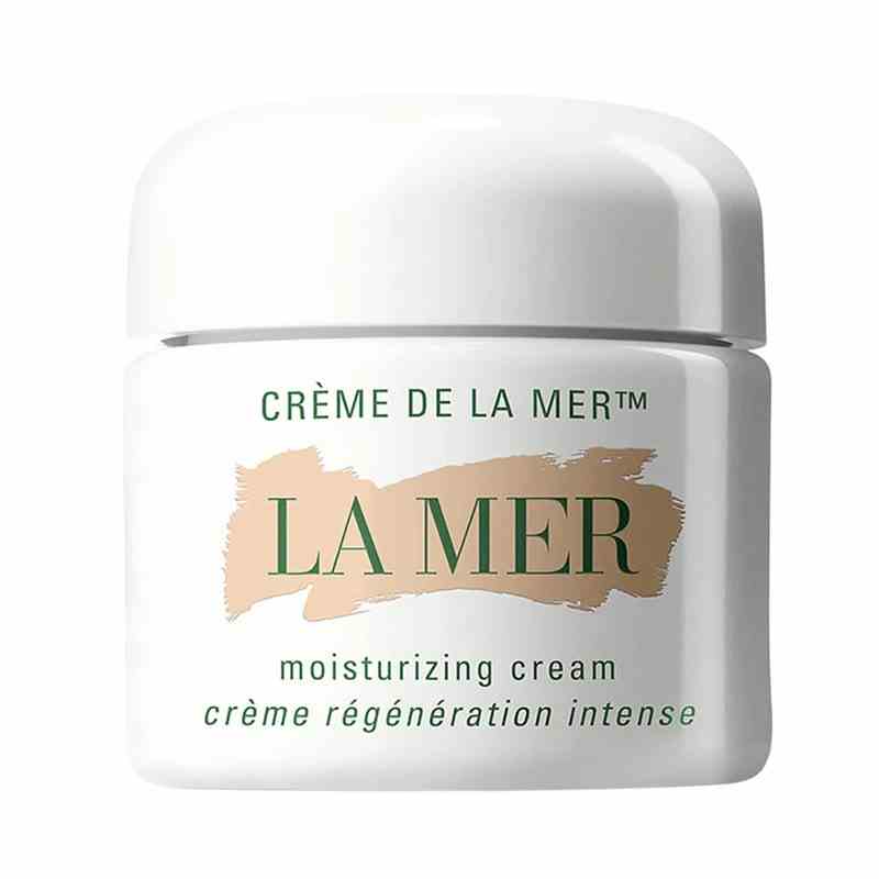 Ein weißes Glas mit grünem Text, der sagt "La Mer Crème de La Mer Feuchtigkeitscreme" auf weißem Hintergrund.
