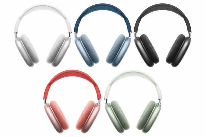 fünf Paar Apple Air Pods max Over-the-Ear-Kopfhörer in jeder Farbe weiß blau grau rosa grün auf weißem Hintergrund
