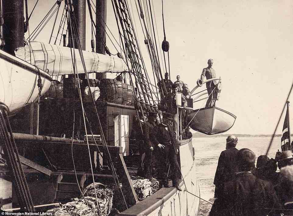 Amid much celebration, the Fram expedition set off from Kristiania (modern-day Oslo) on June 24, 1893, making four stops in Norway in Bergen, Trondheim, Tromso and Vardo, before arriving at Khabarova in Russia. Its next stop was Cape Tsjeljuskin in Russia, after which they continued east before heading north and allowing the ship to get locked in the drifting pack ice. This picture shows the moment that Nansen (pictured with a hat in his hand centre right) and the crew, standing aboard Fram, waved goodbye to onlookers in Bergen on July 2, 1893. The two days preceding this moment were filled with social events for the team of explorers - 'parties, music, speeches and dance'. The author says: 'The free flow of Champagne was especially appreciated by some of the crew'