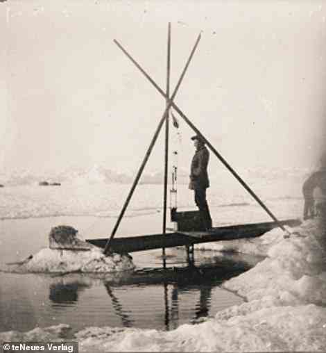 A photograph shows Nansen, assisted by Peder Hendriksen in the background, studying the temperatures of the Arctic Ocean from different depths in 1894. In his diary, Hjalmar Johansen wrote: 'Every day at 12 o’clock the temperature and salinity of the seawater are examined'