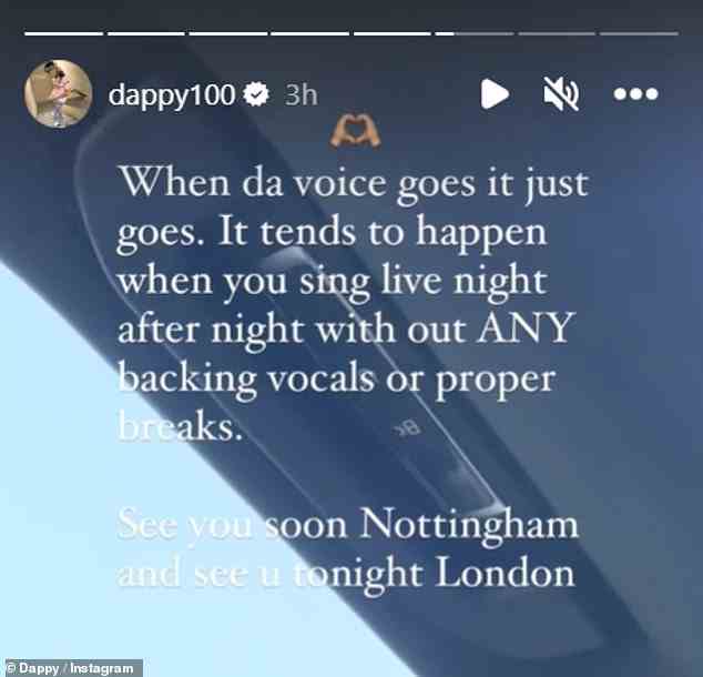 Show going ahead: In a follow-up video, Dappy spoke with a croaky voice as he once again apologised to his Nottingham fans but said he would be returning to stage despite his illness
