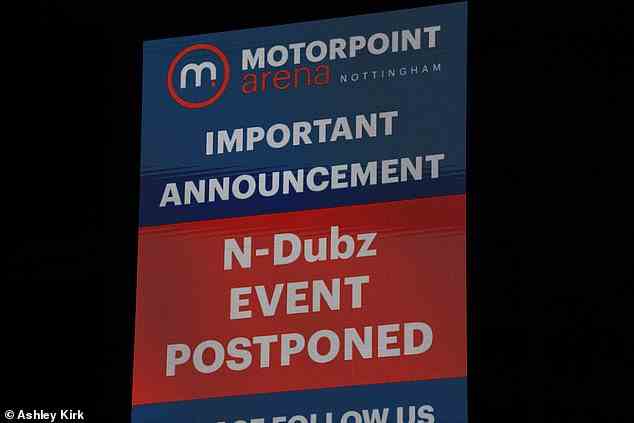 That's late! After the cancellation, a message appeared outside the arena announcing the concert had been 'postponed'